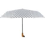 White and black polka dot umbrella with wooden handle.