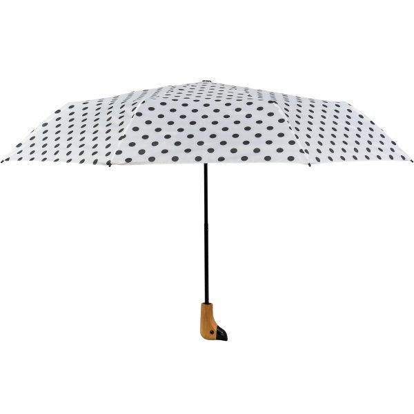 White and black polka dot umbrella with wooden handle.