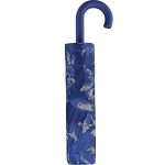 Blue floral patterned crook umbrella for rain protection.