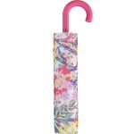 Colourful floral pattern umbrella with pink handle for children.