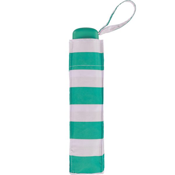 Striped umbrella cover with teal and white pattern and wrist strap.