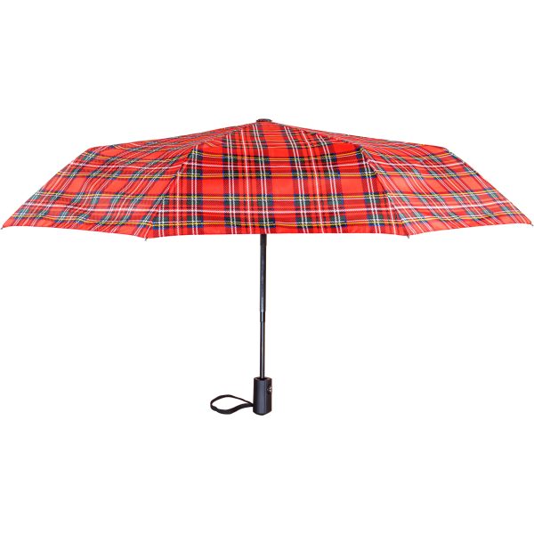 Red tartan umbrella with auto open and close feature.