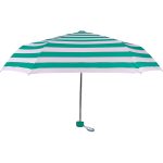 Blue and white striped umbrella for sun protection.