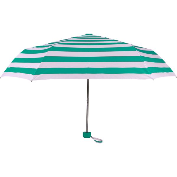 Blue and white striped umbrella for sun protection.