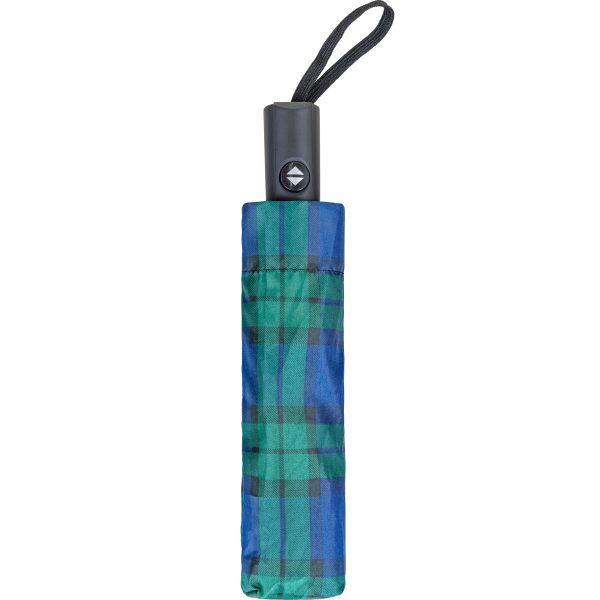 Compact tartan umbrella with black handle and wrist strap.