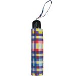 Compact tartan print umbrella with strap, ideal for fashion and rain protection.