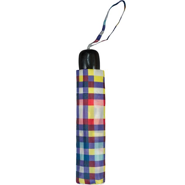 Compact tartan print umbrella with strap, ideal for fashion and rain protection.