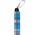 Compact umbrella with purple tartan pattern and wrist strap.
