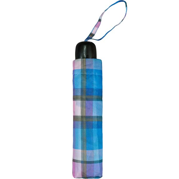 Compact umbrella with purple tartan pattern and wrist strap.