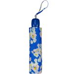 Compact floral umbrella with blue and white design and wrist strap.