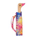 Vibrant duck-shaped umbrella with floral pattern and pink beak.