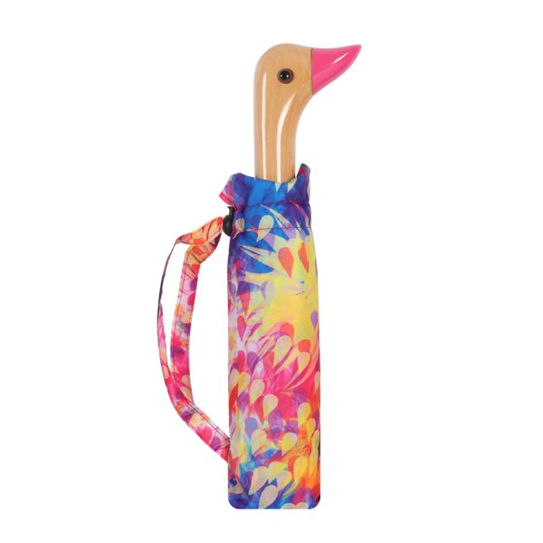 Vibrant duck-shaped umbrella with floral pattern and pink beak.