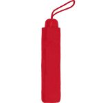 Red mini compact umbrella with a strap for easy carrying.