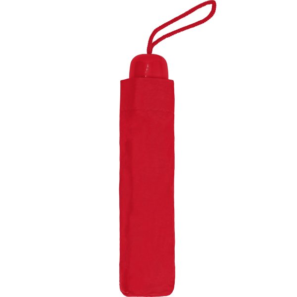 Red mini compact umbrella with a strap for easy carrying.