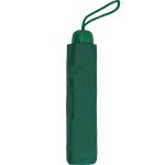 Small green compact umbrella with wrist strap for easy carrying.