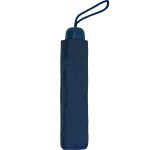 Compact navy blue umbrella with wrist strap for easy carrying.