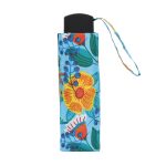 Compact floral umbrella with vibrant red, yellow, and blue flower pattern.