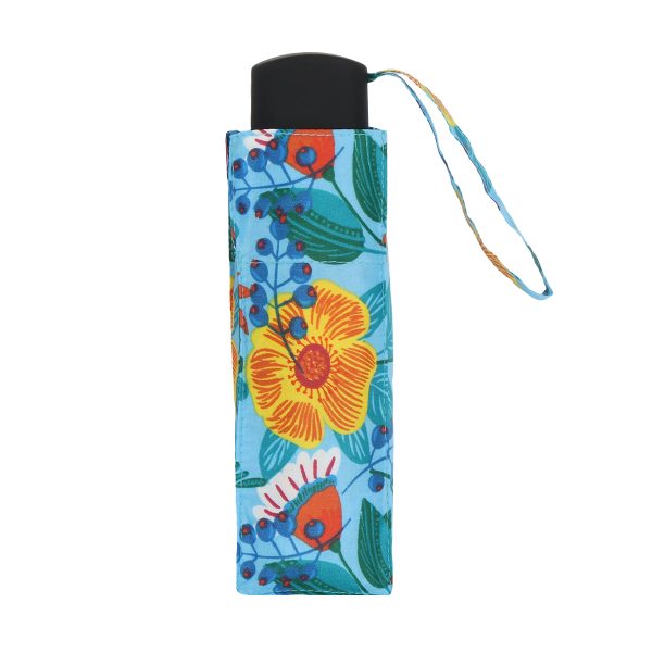Compact floral umbrella with vibrant red, yellow, and blue flower pattern.