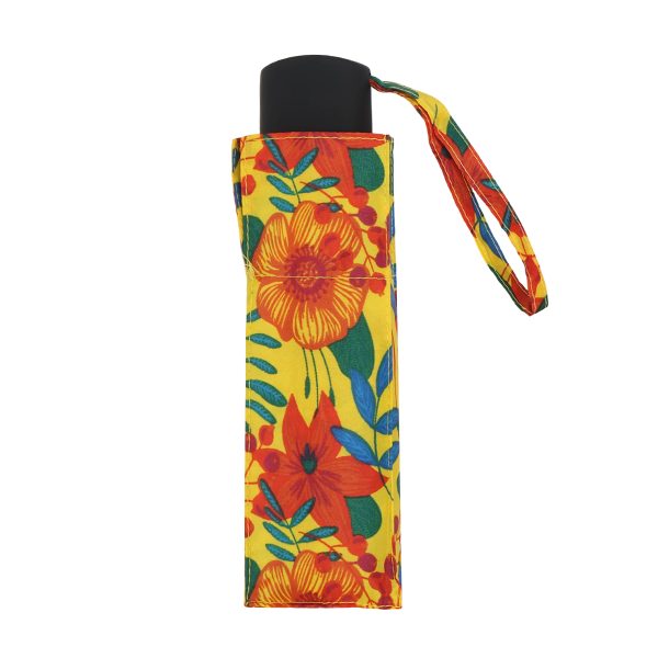 Compact floral umbrella with vibrant red, yellow, and green pattern.