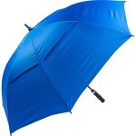 Blue wind-resistant golf umbrella with automatic opening mechanism.