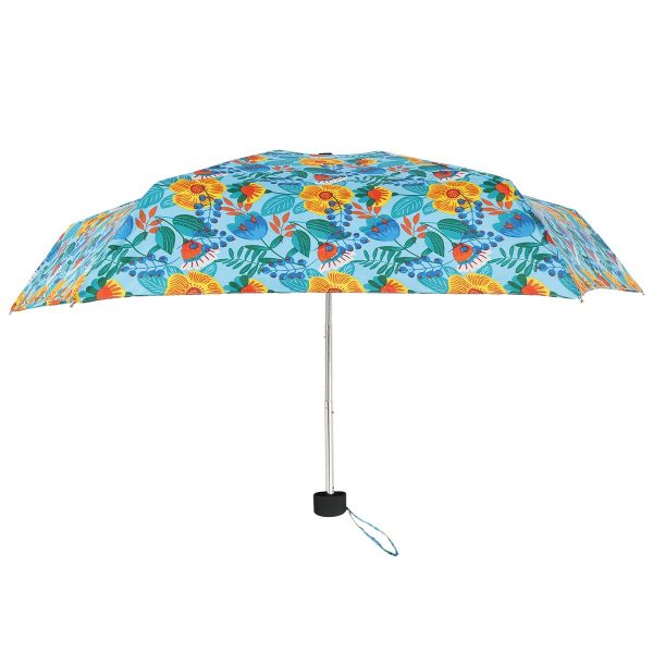 Colourful floral pattern on compact umbrella for rainy days.