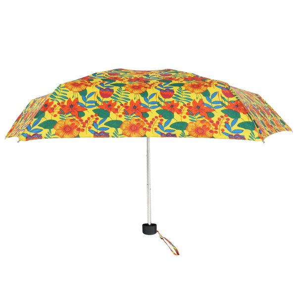 Colourful floral umbrella with compact design for travel and rain protection.