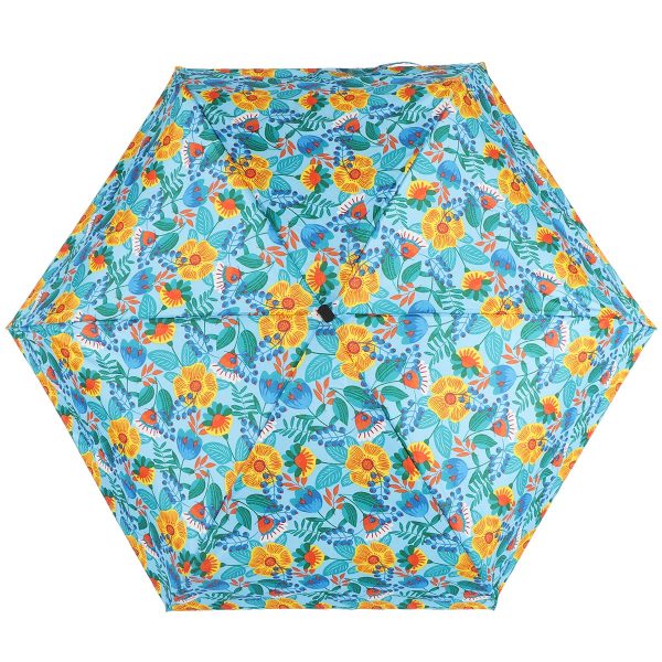 Colourful floral umbrella with yellow, blue, and green pattern for UK weather.