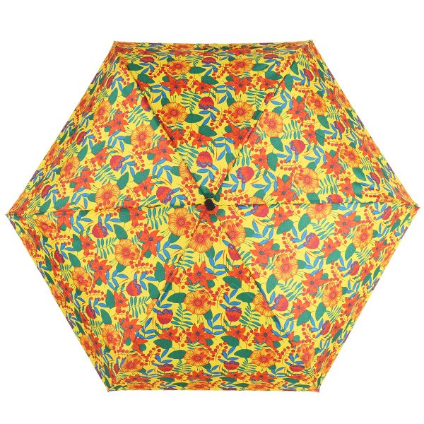 Vibrant floral patterned umbrella with yellow, orange, and green colours.