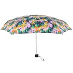 Colourful floral umbrella with compact design for rain protection.