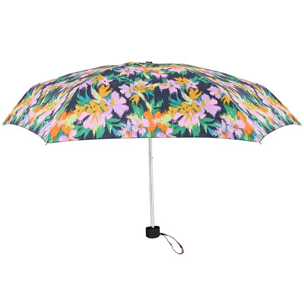 Colourful floral umbrella with compact design for rain protection.