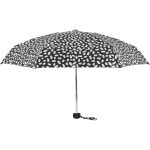 Black and white patterned compact umbrella with strap for easy carrying.