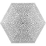 Stylish monochrome umbrella with black polka dots on white background.