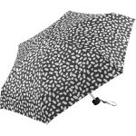 Compact black and white patterned umbrella for rain protection.