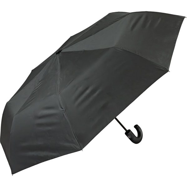 Black automatic open umbrella with curved handle for easy use.