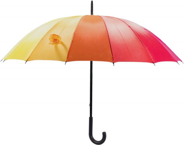 Colourful rainbow umbrella with J-shaped handle for walking in rain.