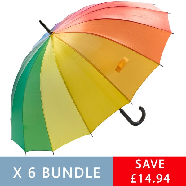 Colourful rainbow walking umbrellas in a six pack for rain protection.
