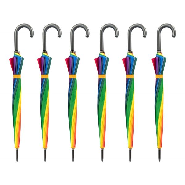 Set of six colourful rainbow walking umbrellas with curved handles.