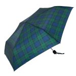 Tartan umbrella with green and blue pattern, compact and portable design.