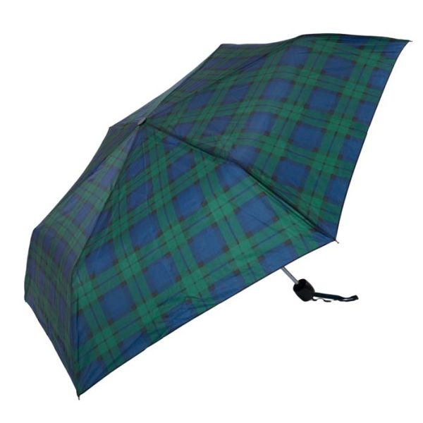 Tartan umbrella with green and blue pattern, compact and portable design.