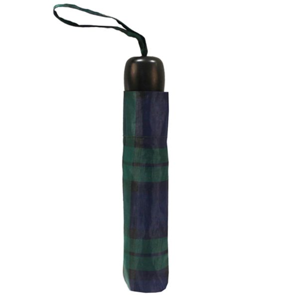Blackwatch tartan umbrella cover with strap for easy carrying.