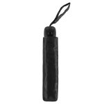 Black compact umbrella in a protective sleeve with strap.
