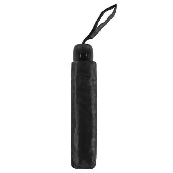 Black compact umbrella in a protective sleeve with strap.