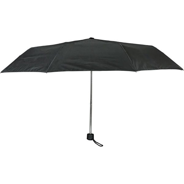 Black compact umbrella for rain protection, portable and lightweight.