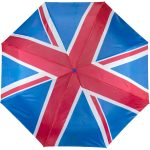 Union Jack UK flag design compact umbrella for travel and rain protection.