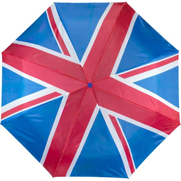 Union Jack UK flag design compact umbrella for travel and rain protection.