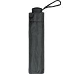 Compact black umbrella in protective sleeve with wrist strap.