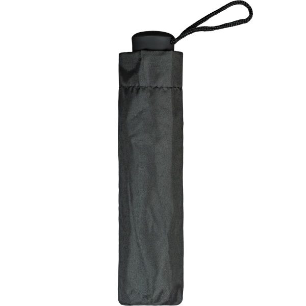 Compact black umbrella in protective sleeve with wrist strap.