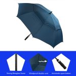 Navy windproof golf umbrella with fibreglass frame and automatic open button.