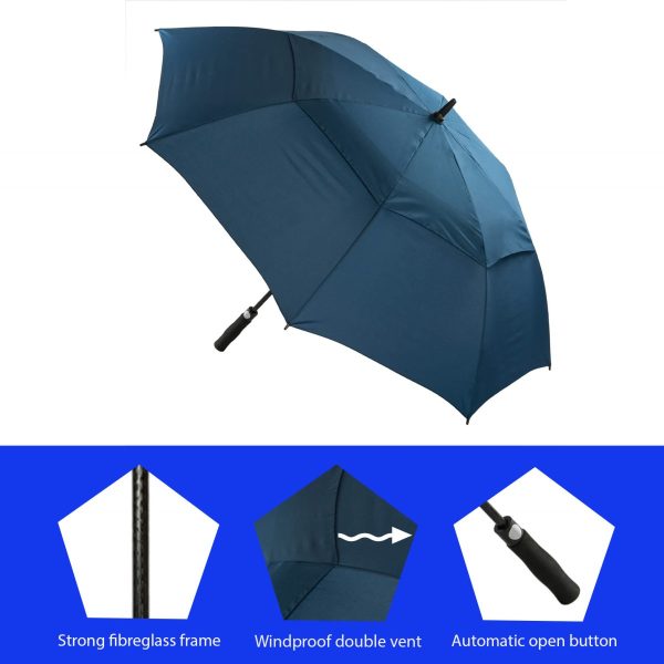 Navy windproof golf umbrella with fibreglass frame and automatic open button.