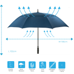 Navy golf umbrella with wind-resistant design and fibreglass frame.